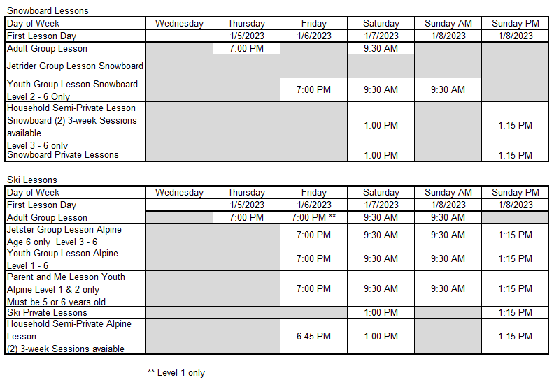 2023 schedule SKIBACS Boeing Employees Ski and Snowboard Club